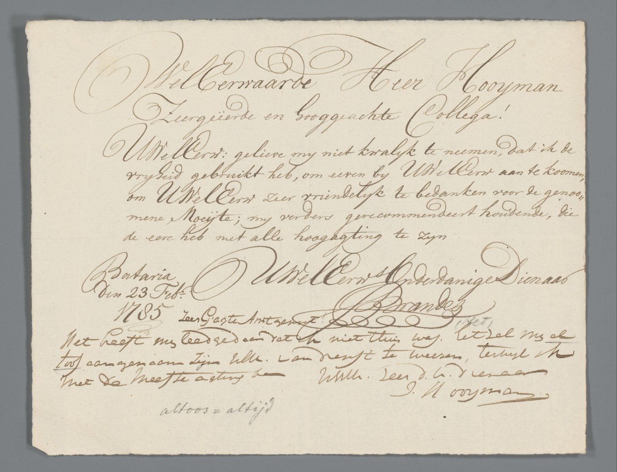 Brief von Jan Brandes an Pfarrer Hooyman von Jan Brandes