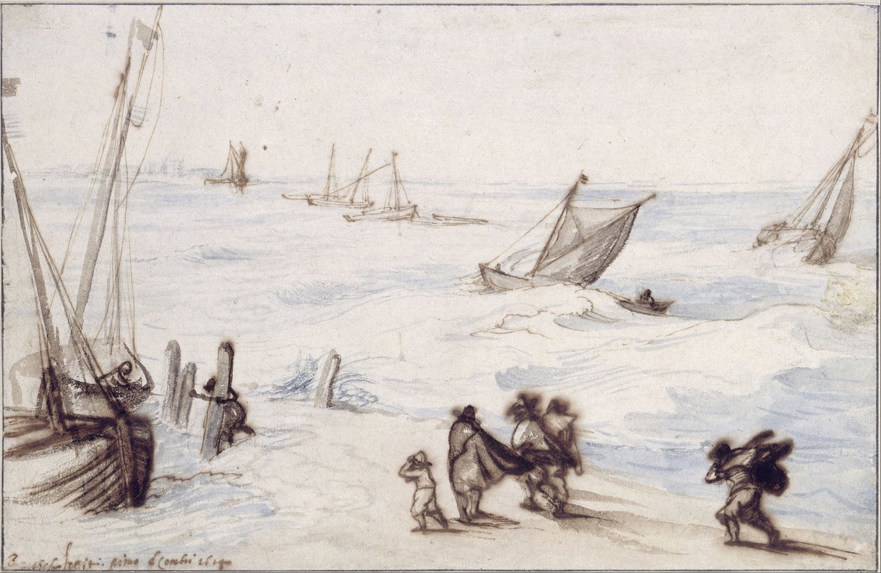Strand mit Segelbooten und stürmischer See von Jan Brueghel the Elder