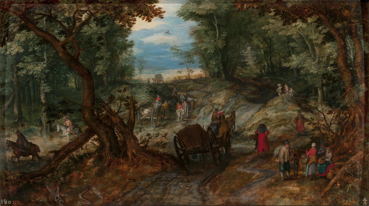 Wald mit Wagen, die einen Bach überqueren, und Reitern von Jan Brueghel the Elder