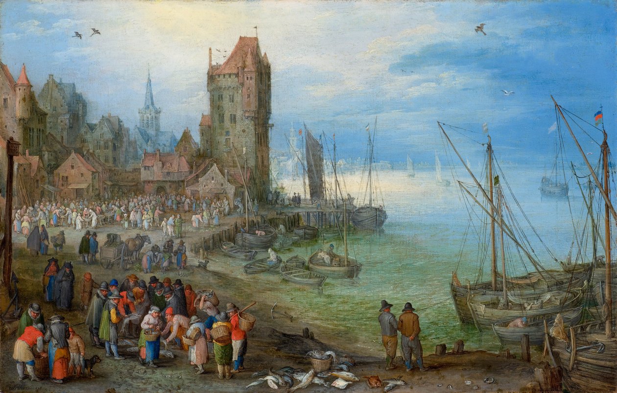 Hafenszene mit Fischmarkt von Jan Brueghel the Elder