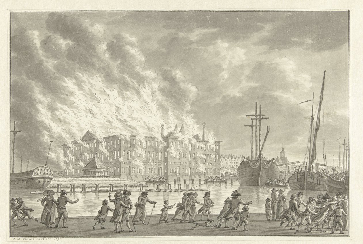 Brand im Lands Zeemagazijn, 1791 von Jan Bulthuis (signed by artist)