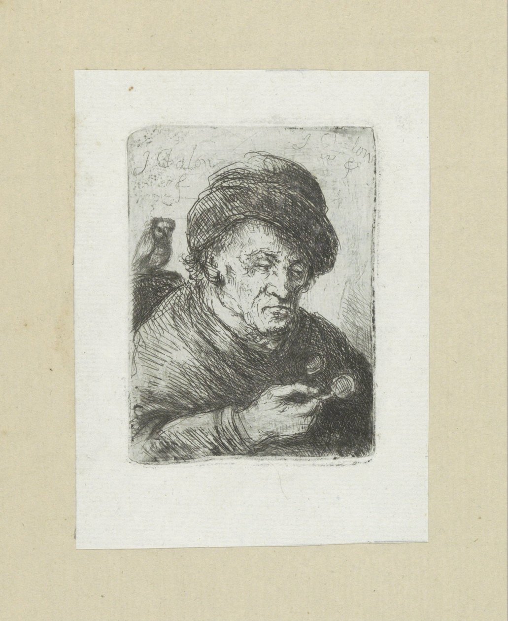 Alter Mann mit Brille und Eule (The Compleat Work of Etchings by John Chalon) von Jan Chalon