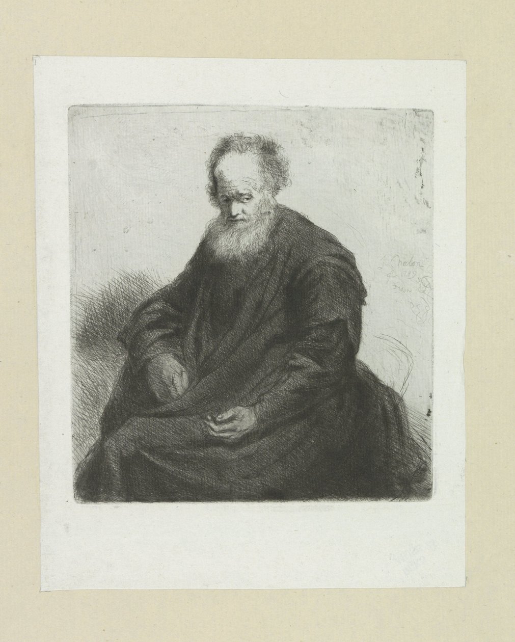 Sitzender alter Mann mit langem Mantel (The Compleat Work of Etchings by John Chalon) von Jan Chalon