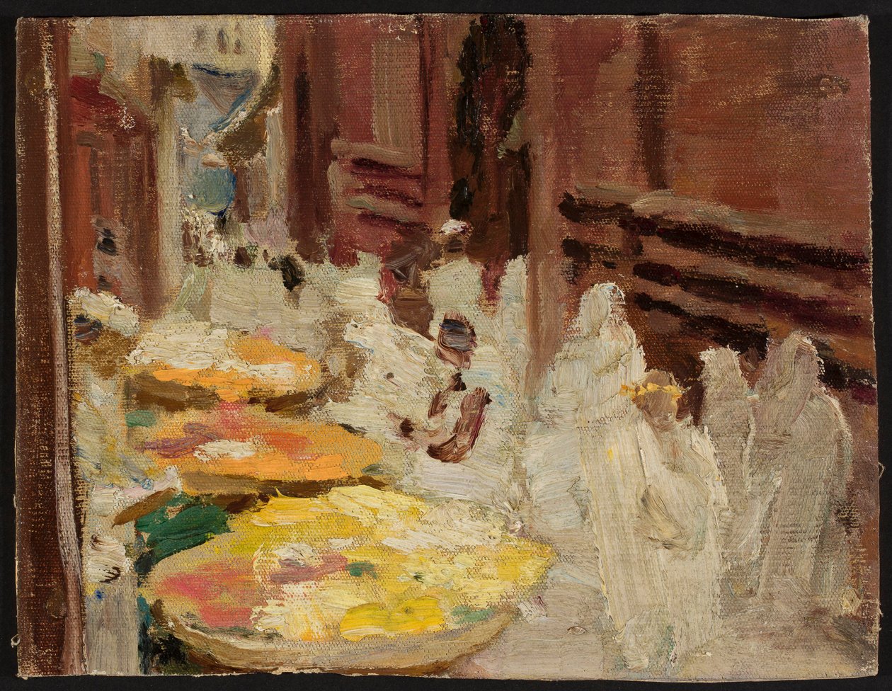 Benares. Blumenmarkt für die heilige Kuh. Aus einer Reise nach Indien von Jan Ciągliński
