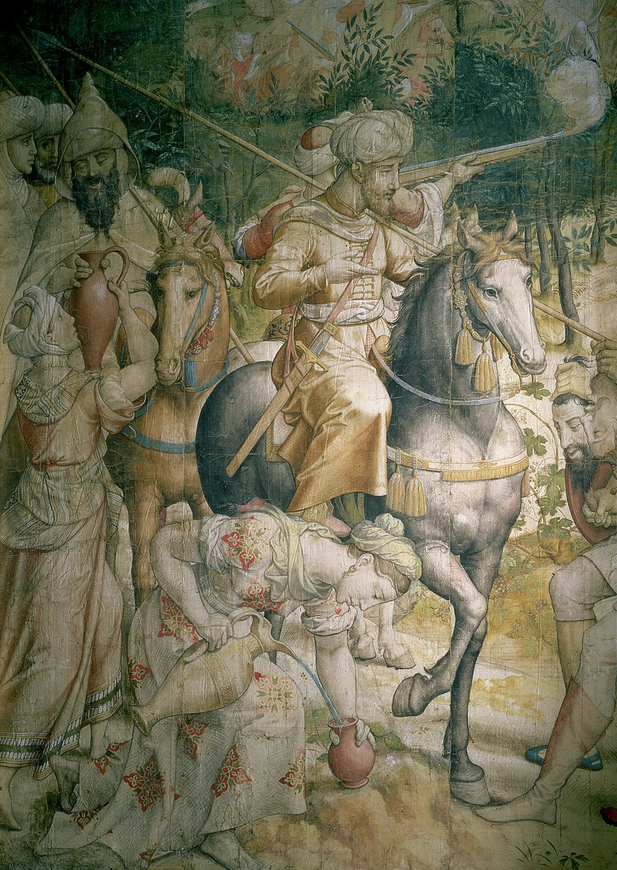 Kampagne von Kaiser Karl V. gegen die Türken in Tunis 1535: Die Niederlage der Türken in der Schlacht von Goletta, Detail von Kavalleristen, die ihren Durst stillen von Jan Cornelisz Vermeyen