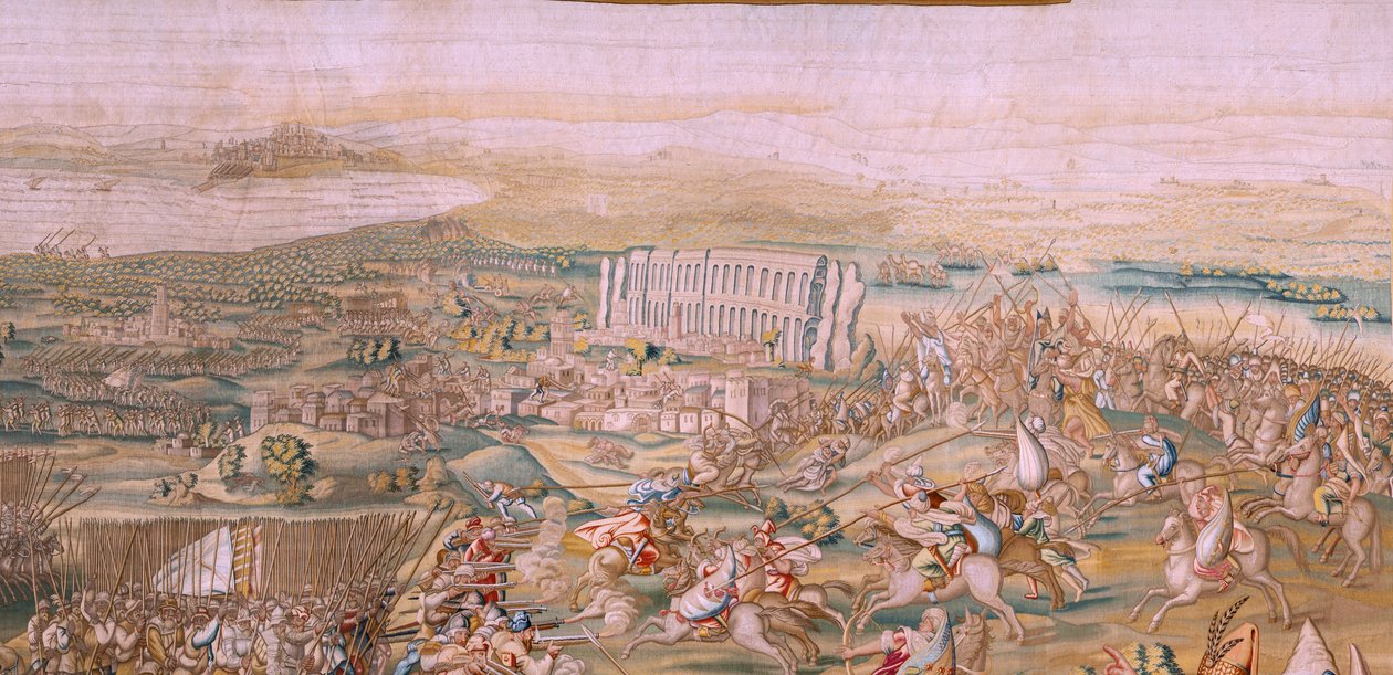 Flämischer Wandteppich. Serie Die Eroberung von Tunis. Der Angriff auf La Goleta. Vierter Wandteppich der Serie. Modell Jan Vermeyen und Pieter Coecke van Aelst. 1543-1548. Herstellung Real Fábrica de Tapices de Santa Bárbara, Madrid von Jan Cornelisz Vermeyen