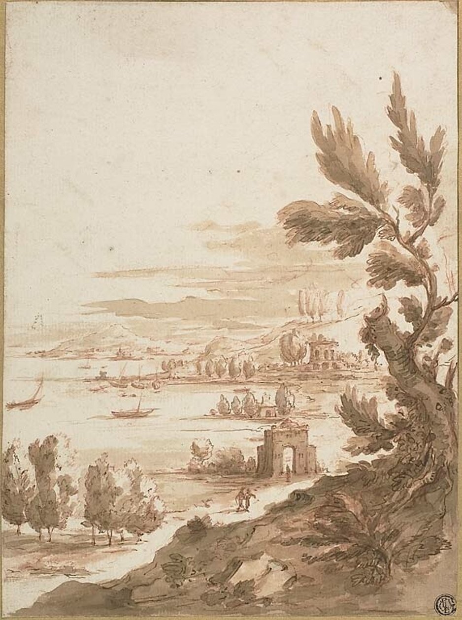 Blick vom Hügel über einen Hafen von Jan Frans van Bloemen