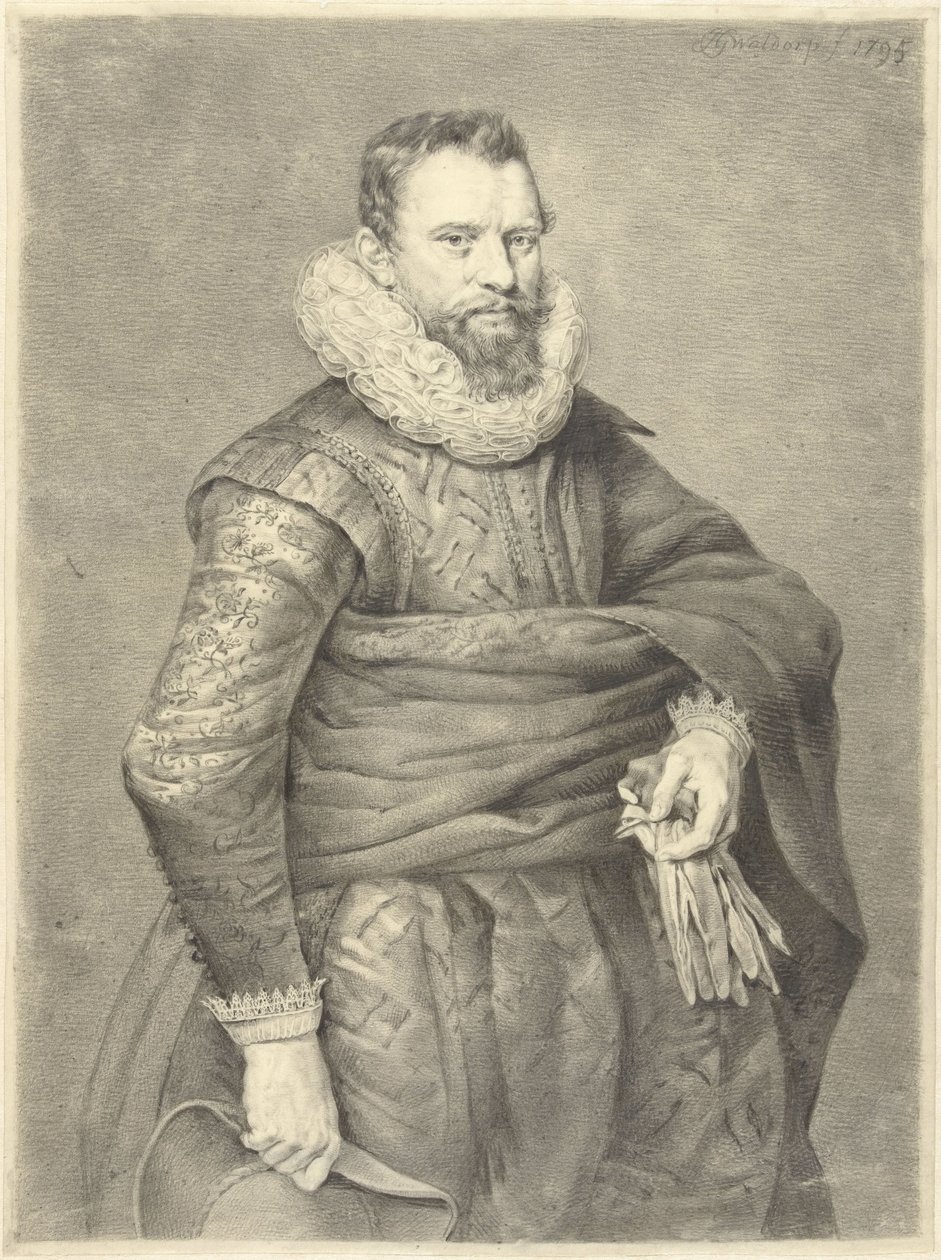 Porträt eines Mannes mit Handschuhen und Hut in der Hand, nach rechts von Jan Gerard Waldorp