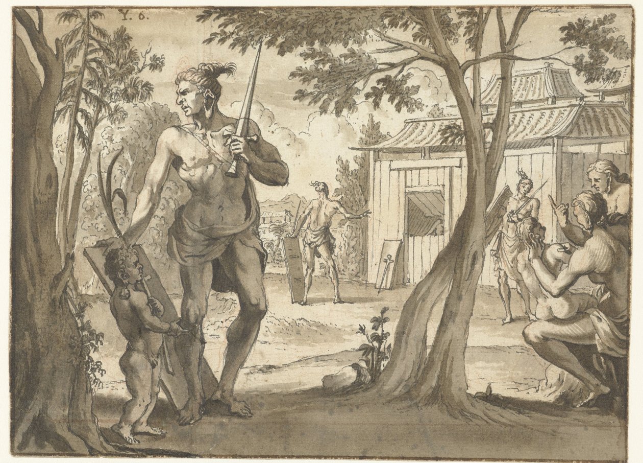 Menschen bei einem Holzgebäude von Jan Goeree