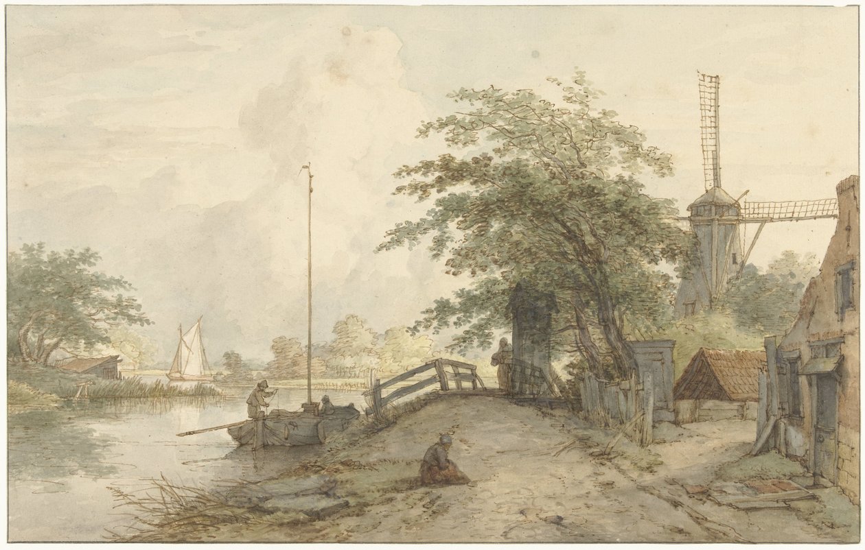 Landschaft mit Brücke und Haus an einem Weg entlang eines Wassers von Jan Hulswit