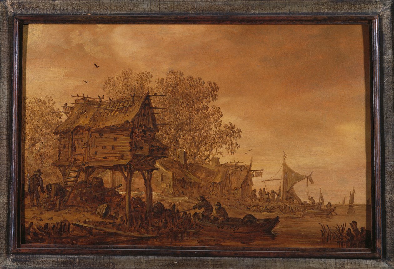Ein Dorf am Flussufer mit Bauern in einem Boot bei einem Taubenschlag, 1651 von Jan Josephsz van Goyen