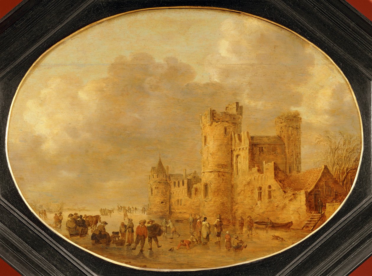Schlittschuhläufer vor einem mittelalterlichen Schloss von Jan Josephsz van Goyen