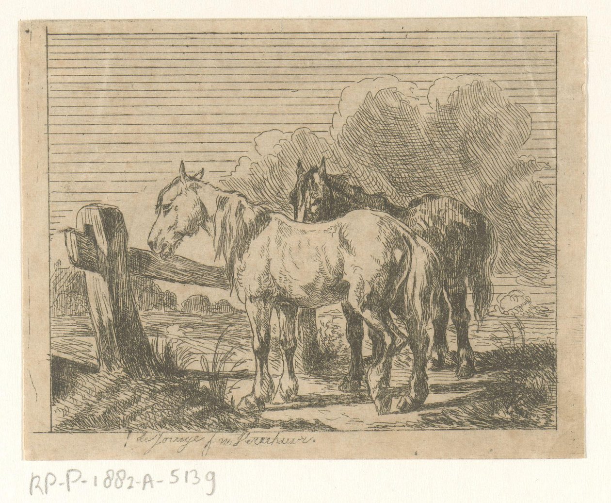 Weide mit zwei Pferden von Jan Karel Jacob de Jonge