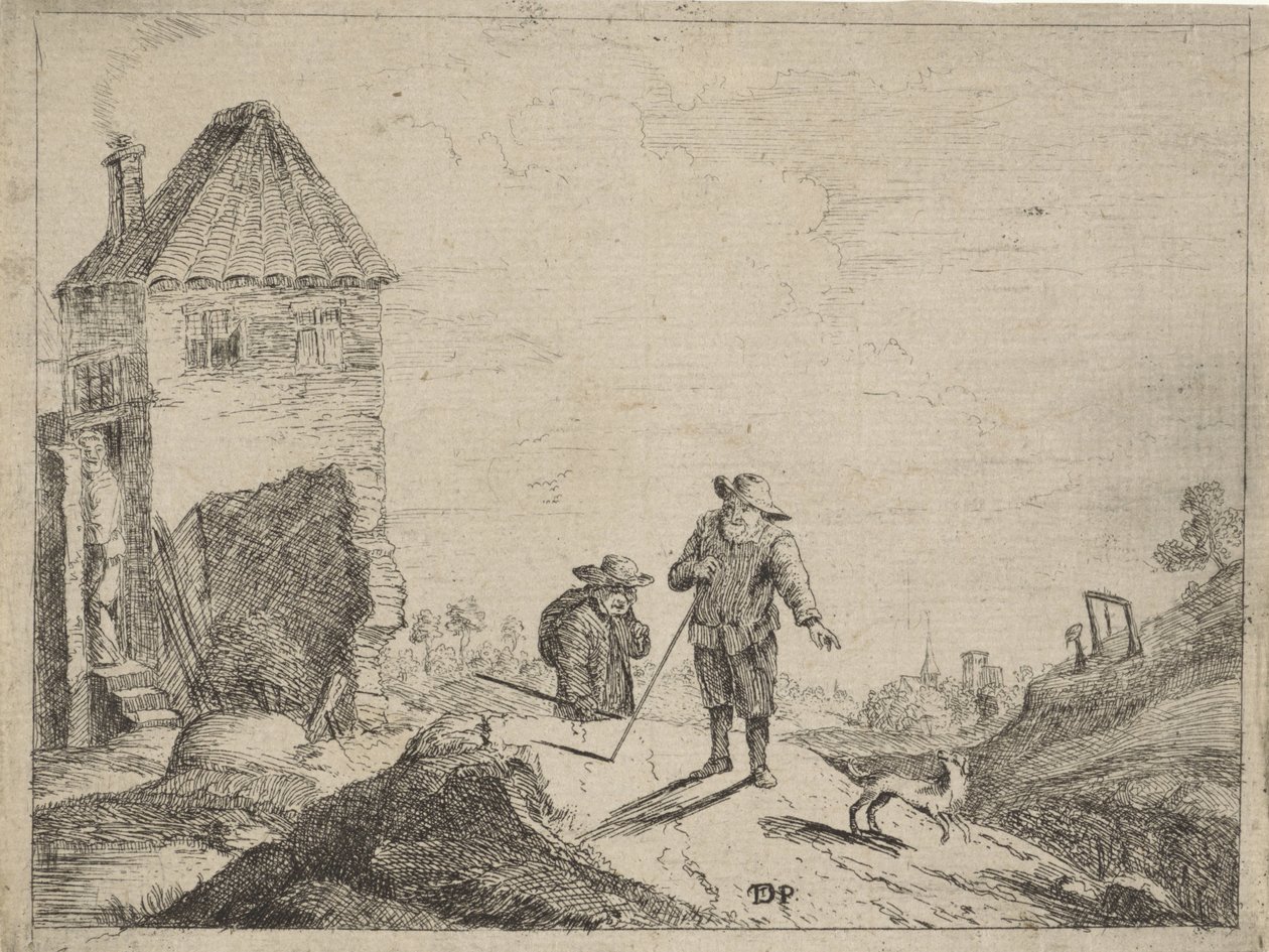 Zwei Bauern mit einem Hund auf einem Feldweg von Jan Lauwryn Krafft (I) (possibly)