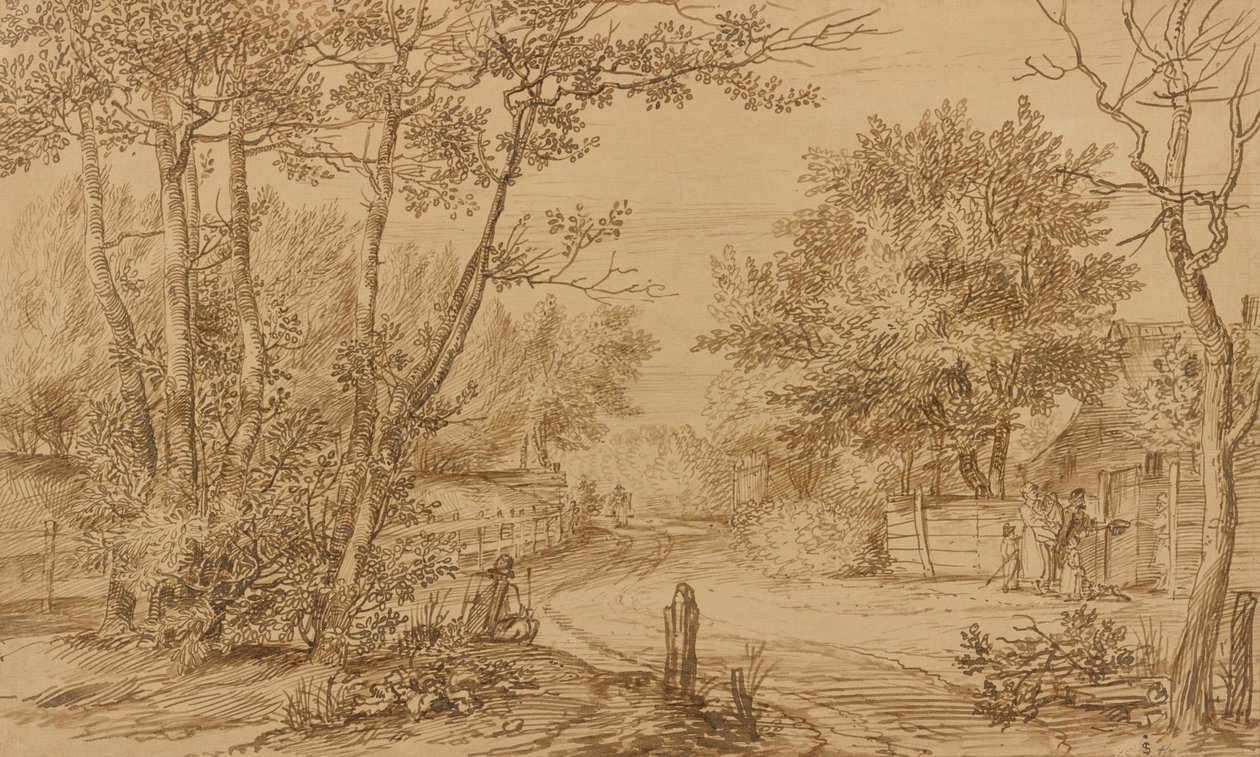 Ansicht eines Weges im Haager Wald, mit Bettlern an der Tür einer Hütte von Jan Lievens