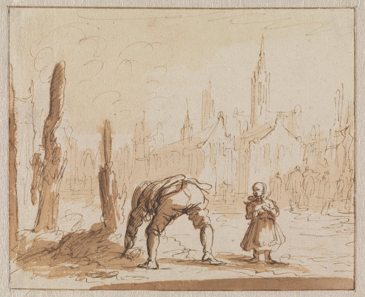 Adriaen Wens sucht in der Asche nach der Mundschraube, die man seiner Mutter in Antwerpen angelegt hatte, 1573 von Jan Luyken