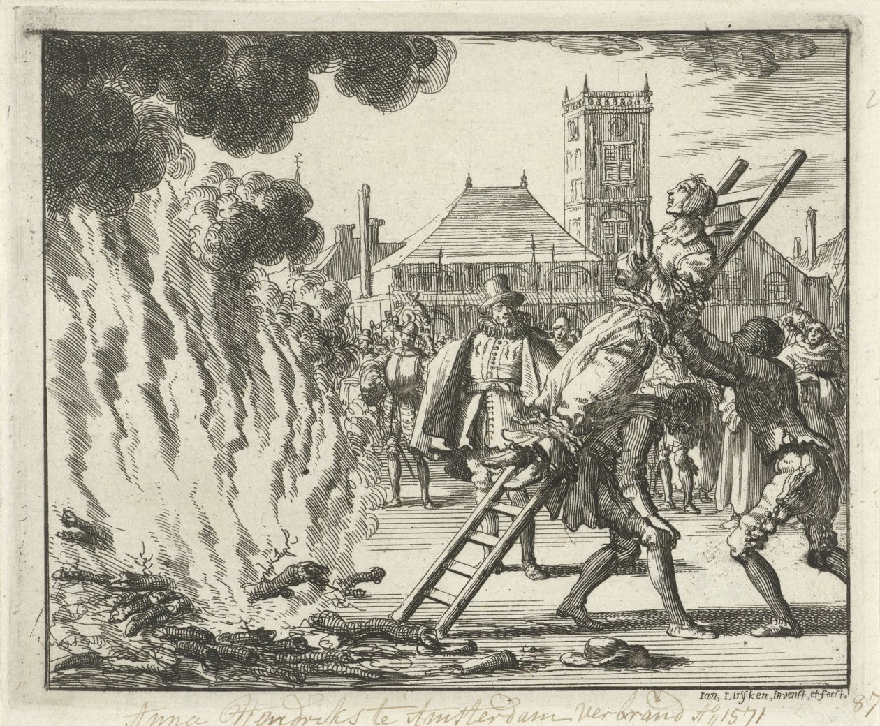 Anneken Hendriks, auf einer Leiter gefesselt, verbrannt in Amsterdam, 1571, 1685 von Jan Luyken