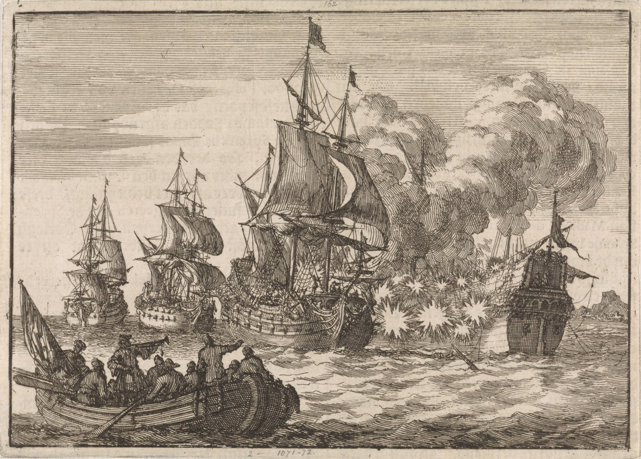 Bei Valencia wird der spanische Admiral Papachino von drei französischen Schiffen unter Admiral Tourville angegriffen, weil er nicht schnell genug salutierte, 1688 von Jan Luyken