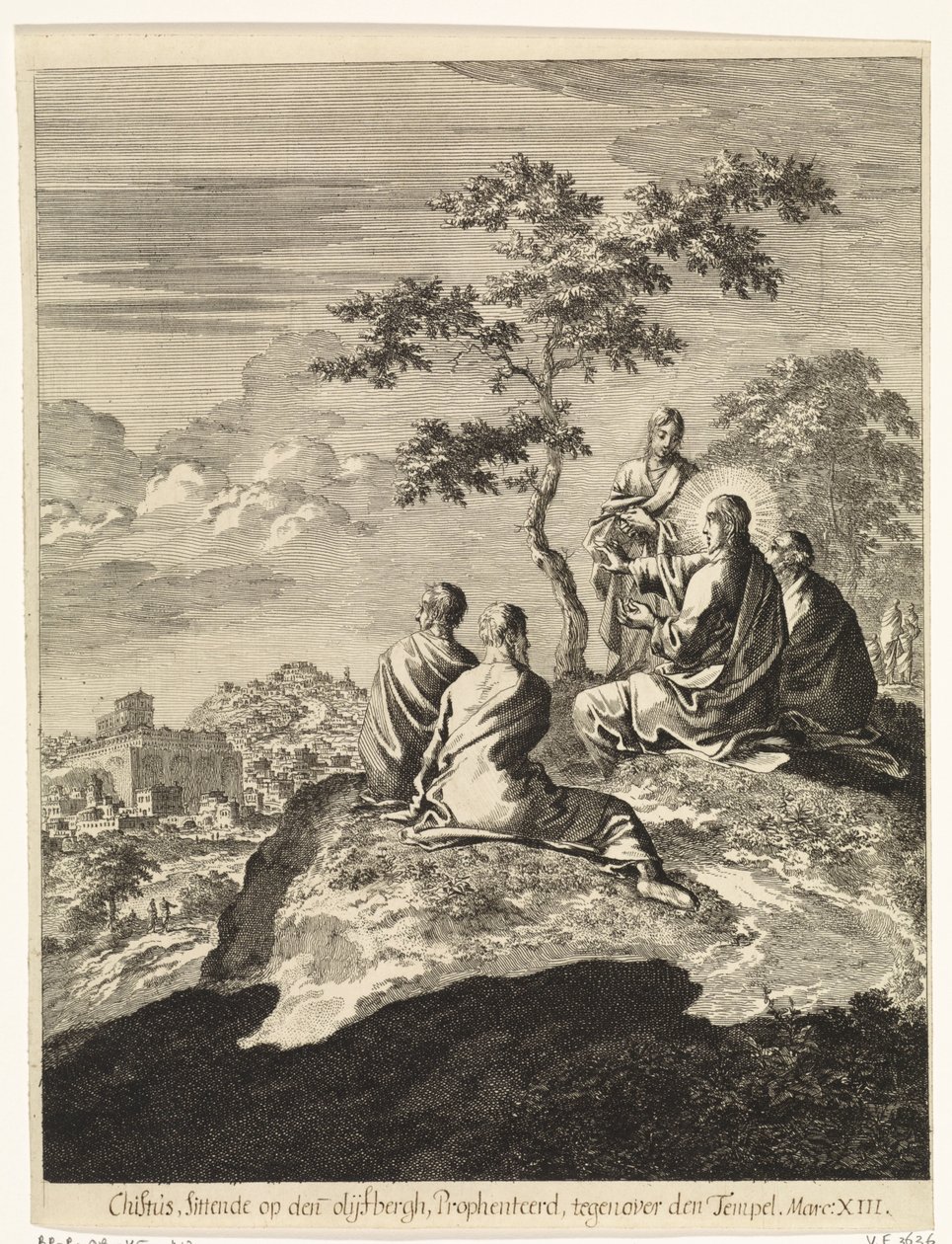 Christus spricht mit Petrus, Jakobus, Johannes und Andreas auf dem Ölberg von Jan Luyken