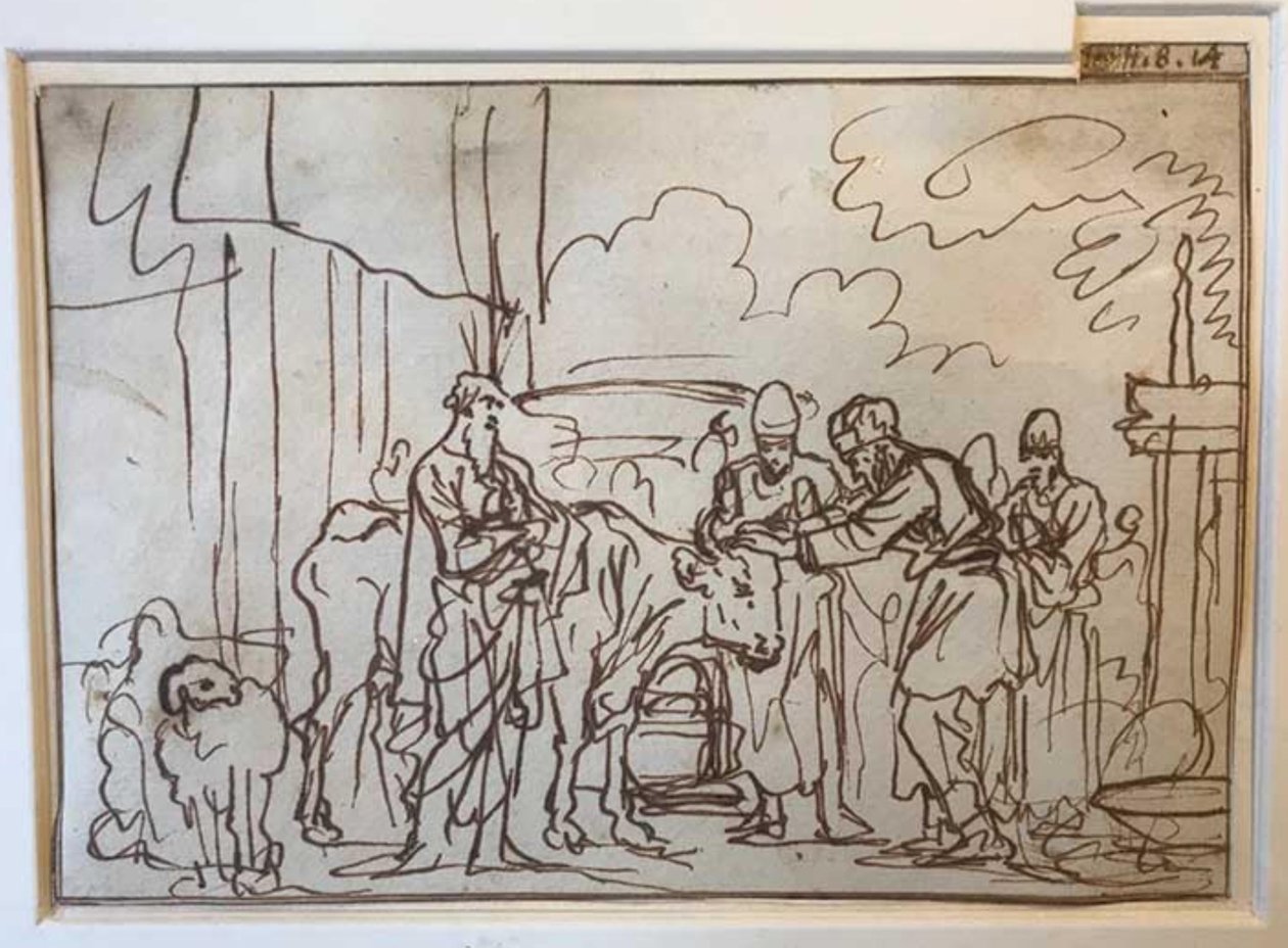 Der Stier wird für das Sündopfer präsentiert, Aaron und seine Söhne legen ihre Hände auf seinen Kopf (Lev. 8,14) von Jan Luyken