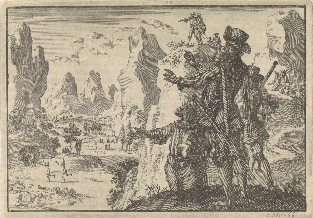 Bewaffnete Spanier blicken von Felsen auf völlig wilde Menschen, ca. 1600 von Jan Luyken