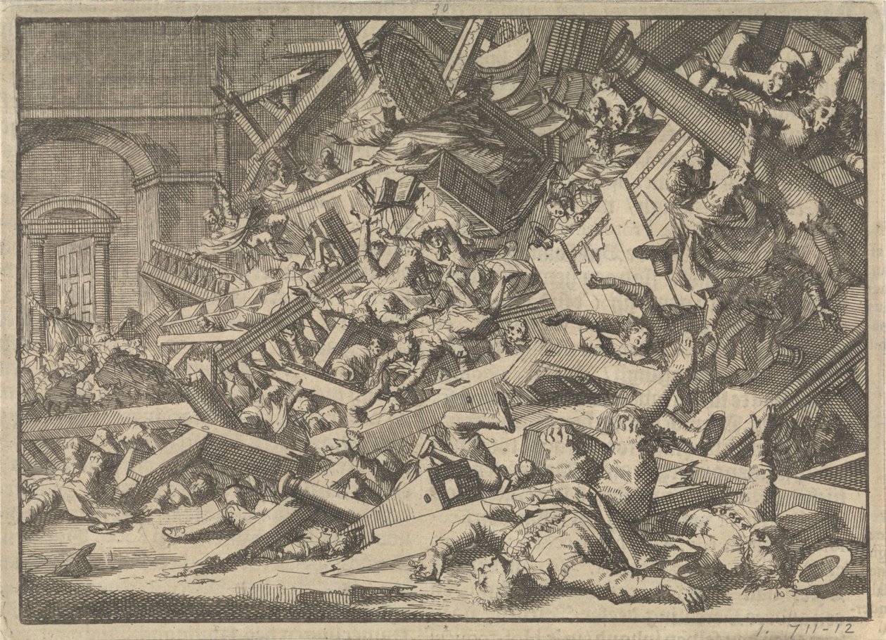 Eingestürzte Galerie während einer katholischen Gottesdienstübung im Haus des spanischen Gesandten in London, 1623 von Jan Luyken