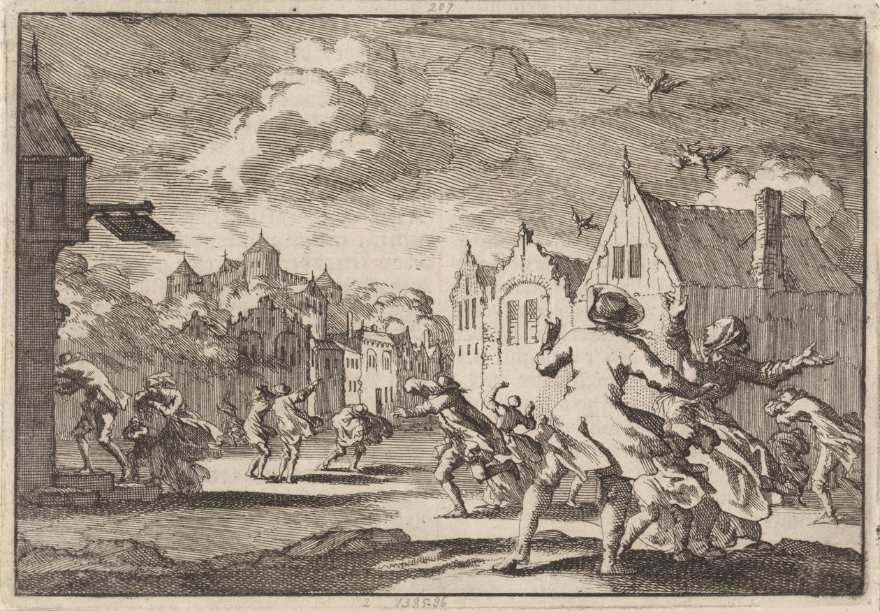 Dorfbewohner bei Schloss Luchow in Lüneburg werden von einem Wirbelsturm überrascht, bei dem die Vögel tot vom Himmel fallen, 1671 von Jan Luyken