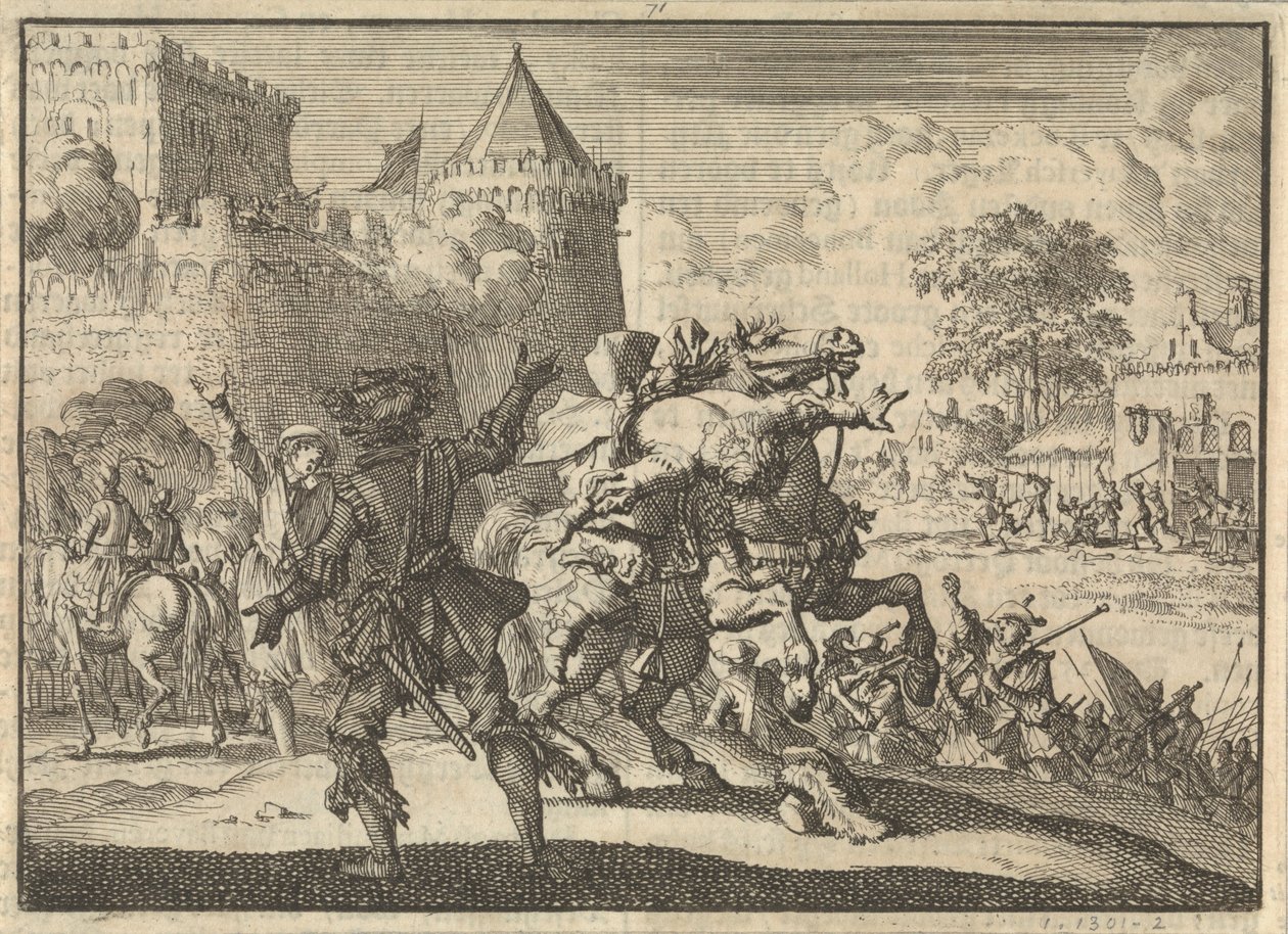 Kaiserlicher Befehlshaber Dampier fällt vom Pferd nach einem Schuss von den Mauern von Presburg (Bratislava), 1620 von Jan Luyken