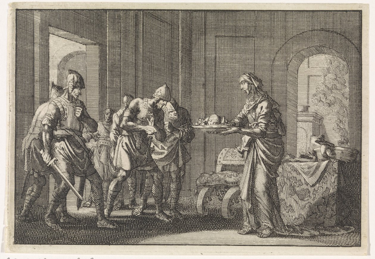 Mutter zeigt Kriegern die Überreste ihres gegessenen Kindes während der Hungersnot in Jerusalem, 1704 von Jan Luyken