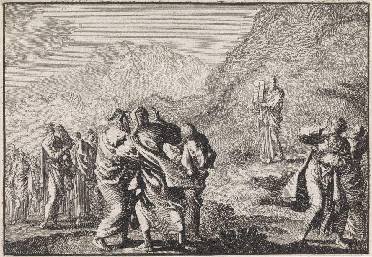 Moses empfängt die Gesetzestafeln und zeigt sie dem Volk von Jan Luyken