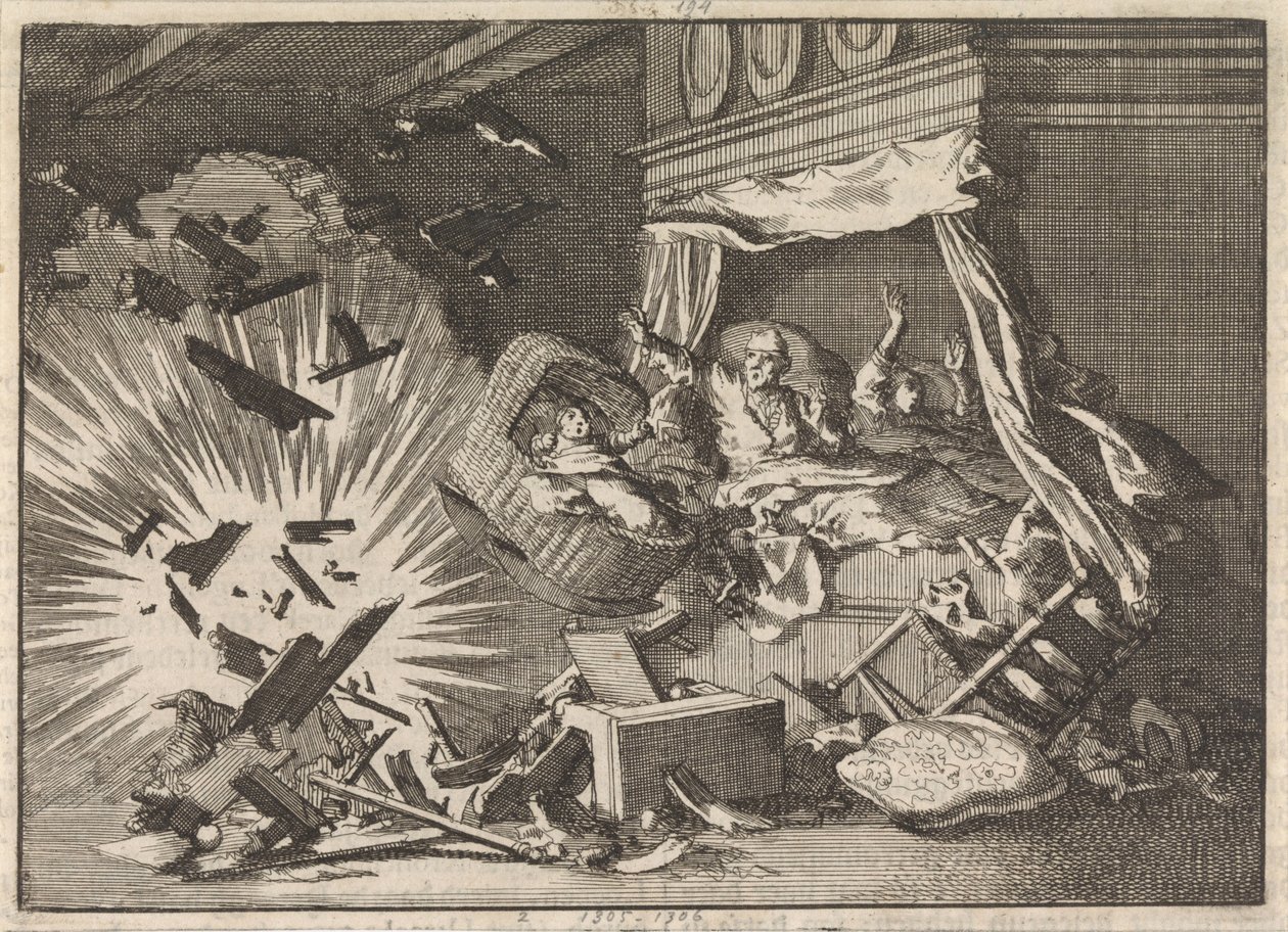 Explosion einer Bombe in einem Haus an der Ebbingestraat in Groningen, 1672 von Jan Luyken