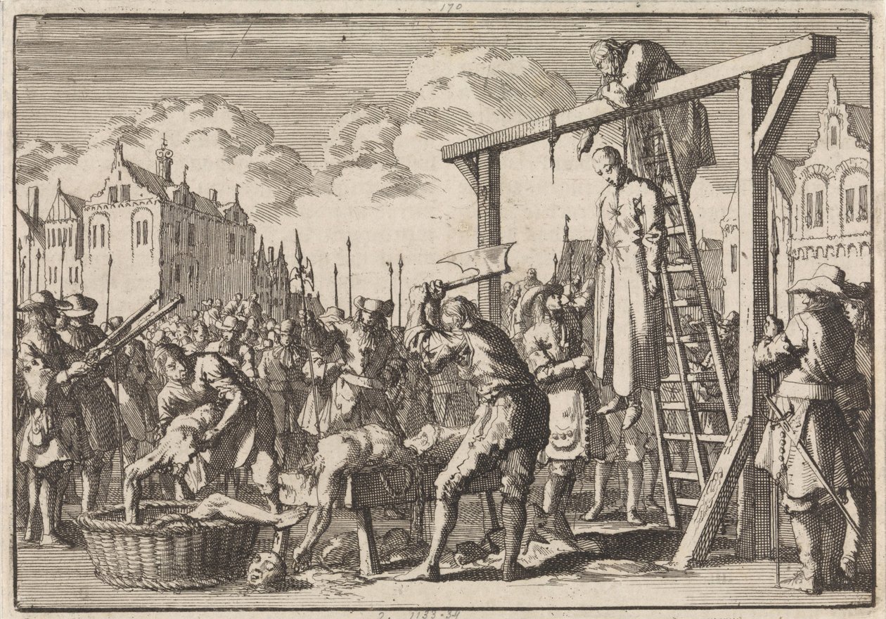 In London wird der Jesuit William Ireland gehängt und John Grove wird wegen eines geplanten Königsmordes gevierteilt, 1679 von Jan Luyken