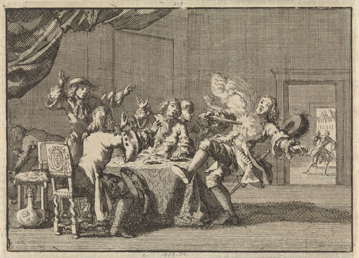 Thomas Tullock, Anhänger von König Jakob II. in Schottland, wird durch das unerwartete Abfeuern seiner Pistole getötet, 1690 von Jan Luyken