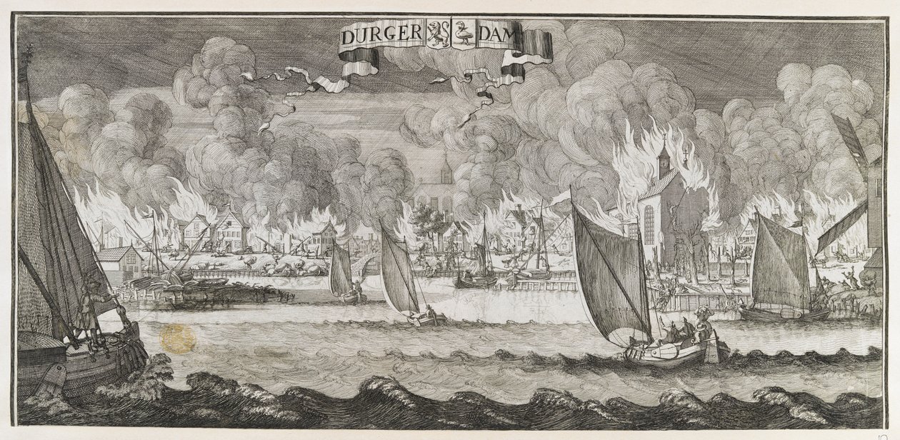 Ansicht des Dorfes Durgerdam, nahe Amsterdam, während des Brandes von 1687 von Jan Luyken