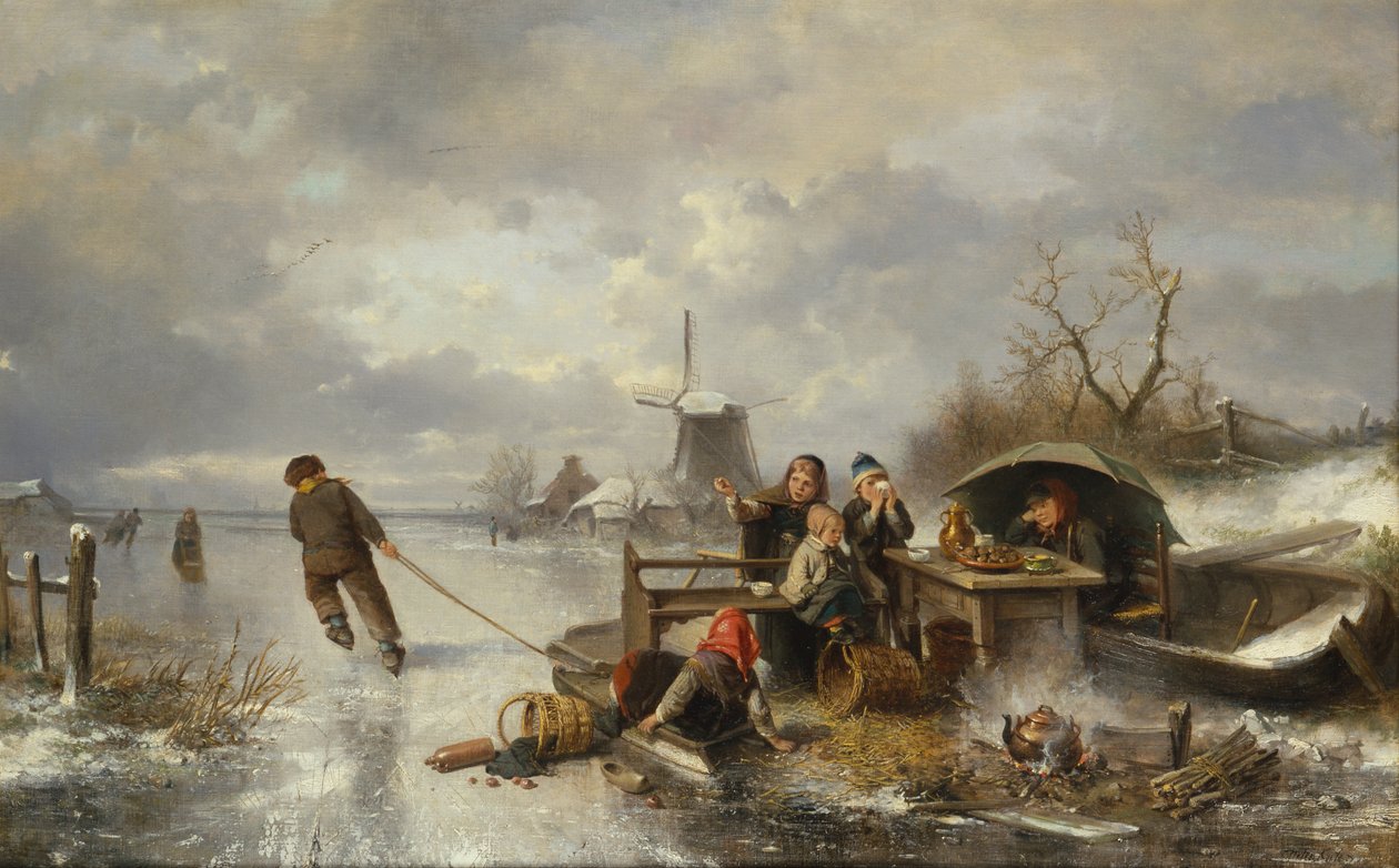 Kinder spielen auf einem zugefrorenen See in einer Winterlandschaft von Jan Mari Henri Ten Kate
