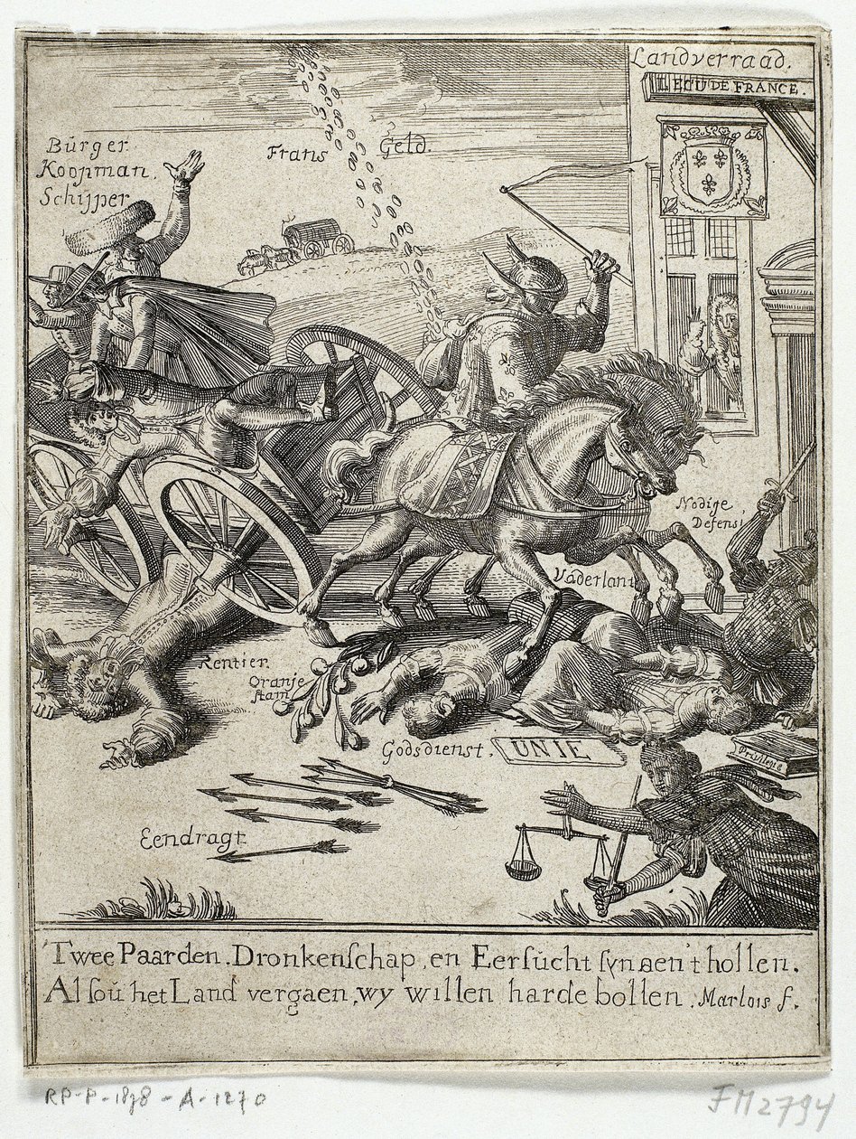 Karikatur über die vermeintliche Frankreichfreundlichkeit von Amsterdam, 1690 von Jan Marlois