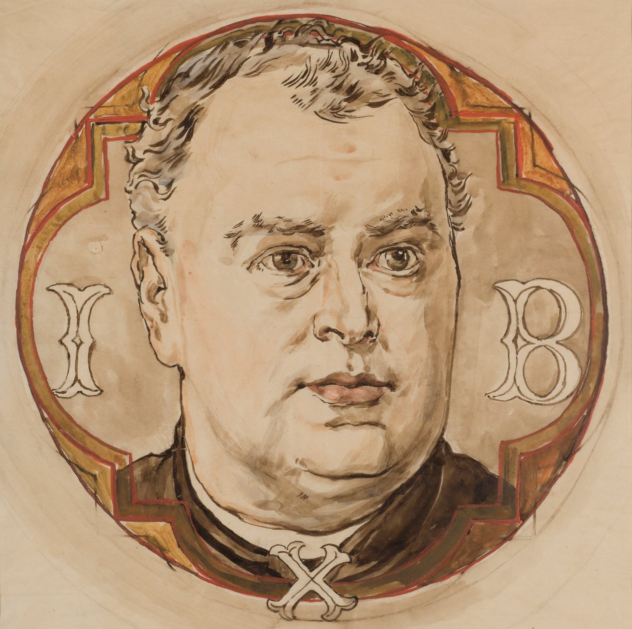 Karton zur Polychromie der Marienkirche - Männerkopf und Buchstaben "I, B, X" (Pfarrer Jan Bukowski) von Jan Matejko