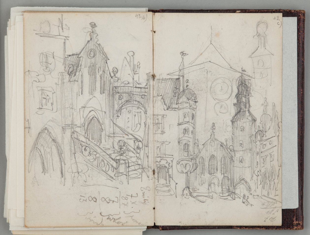 Münchner Skizzenbuch von Jan Matejko. Einseitige Zeichnung. Vorderseite: Studie des alten Marienplatzes in München und Turmstudie. von Jan Matejko