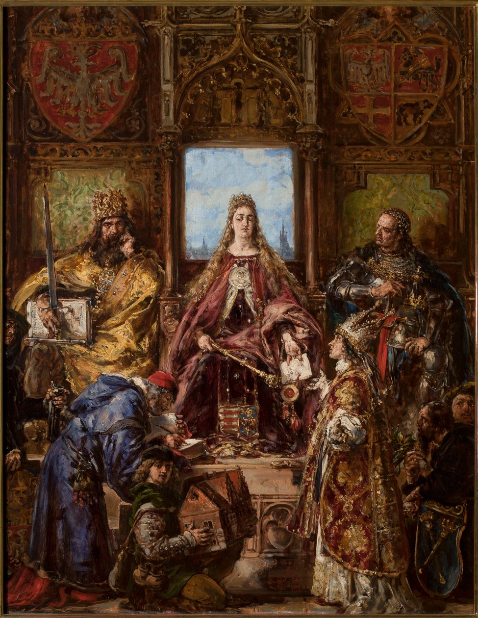 Die Gründung der Hauptschule, gefestigt durch ihre Verlegung nach Krakau. R.P. 1361-1399-1400 von Jan Matejko