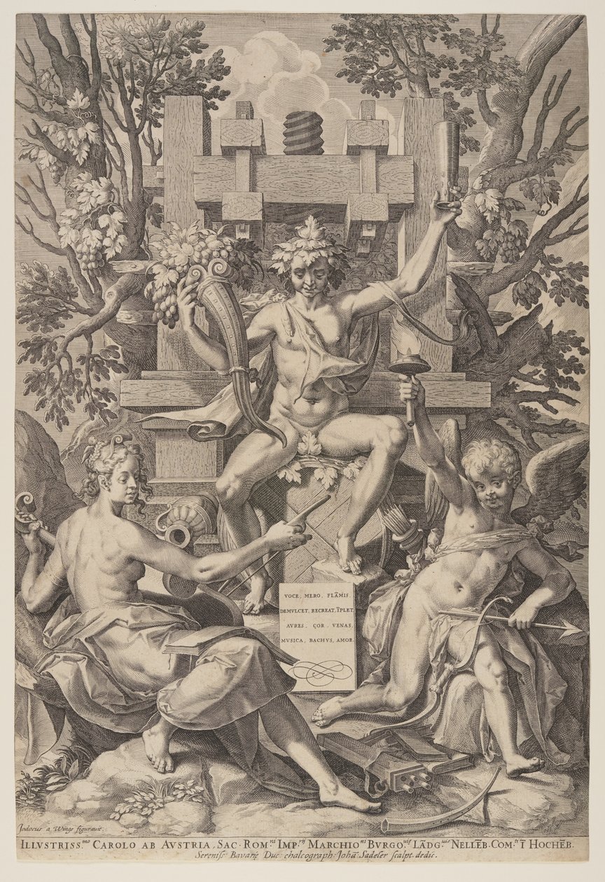 Bacchus sitzt auf einem Fass von Jan Sadeler I