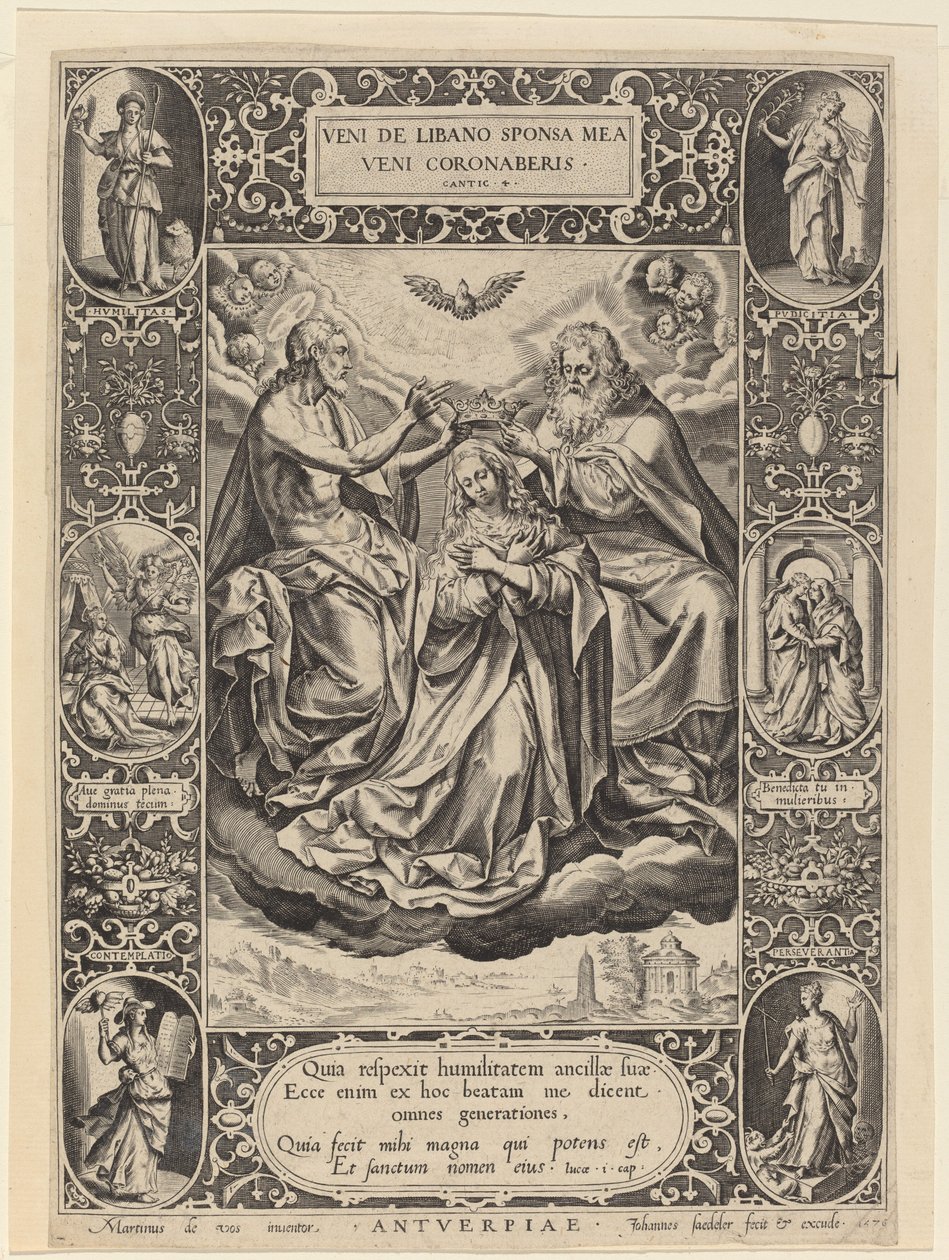 Die Krönung der Jungfrau von Jan Sadeler I after Maarten de Vos
