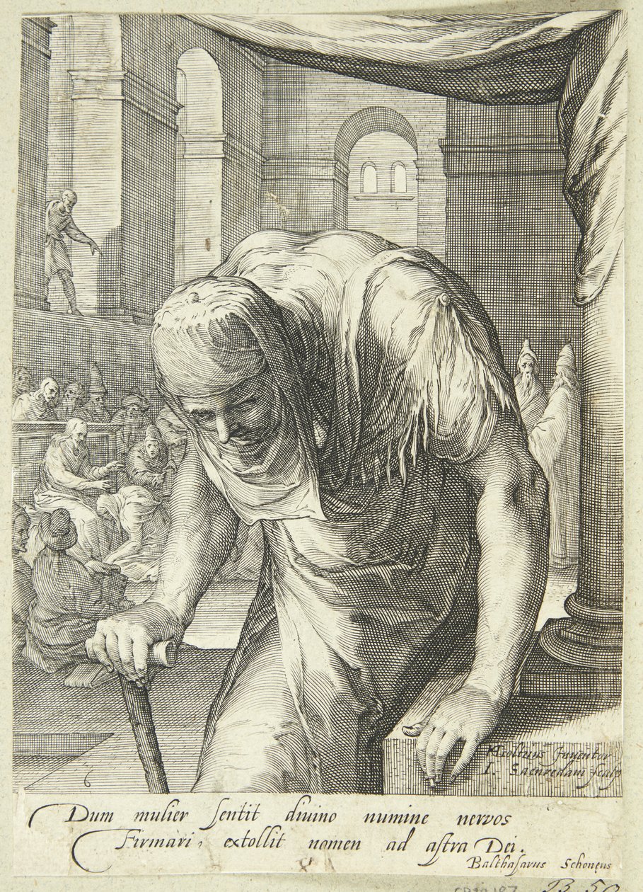 Die verkrüppelte alte Dame, die von Jesus geheilt wird von Jan Saenredam
