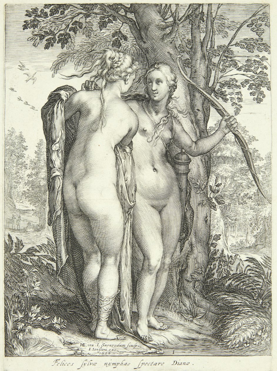 Diana und eine Nymphe bei einem Baum von Jan Saenredam