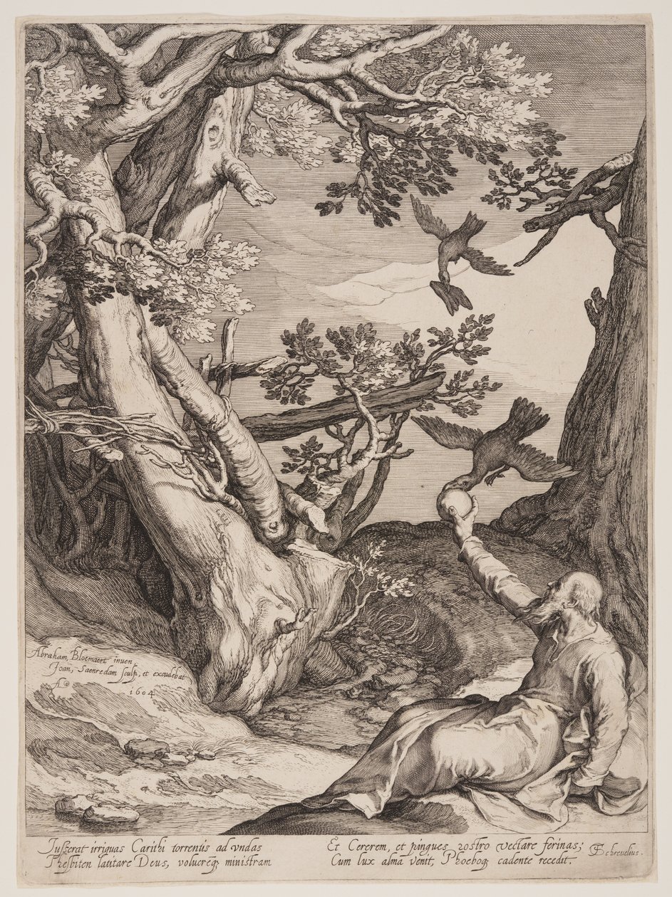 Elija in der Wüste von Raben gefüttert, aus Vier Szenen aus dem Leben der Propheten, Jesaja, Ahajah und Elisa von Jan Saenredam