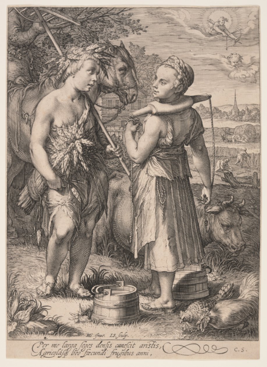 Sommer (Junge mit Weizengarben und Mädchen mit Joch), aus Die vier Jahreszeiten von Jan Saenredam