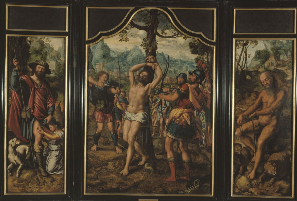 Triptychon des Martyriums des Heiligen Sebastian (Mittelteil): Heiliger Rochus (linkes Panel), Heiliger Onuphrius (rechtes Panel), Heiliger Petrus (Rückseite des rechten Panels), Heiliger Stephanus (Rückseite des linken Panels), zwischen 1525 und 1566 von Jan Sanders van Hemessen