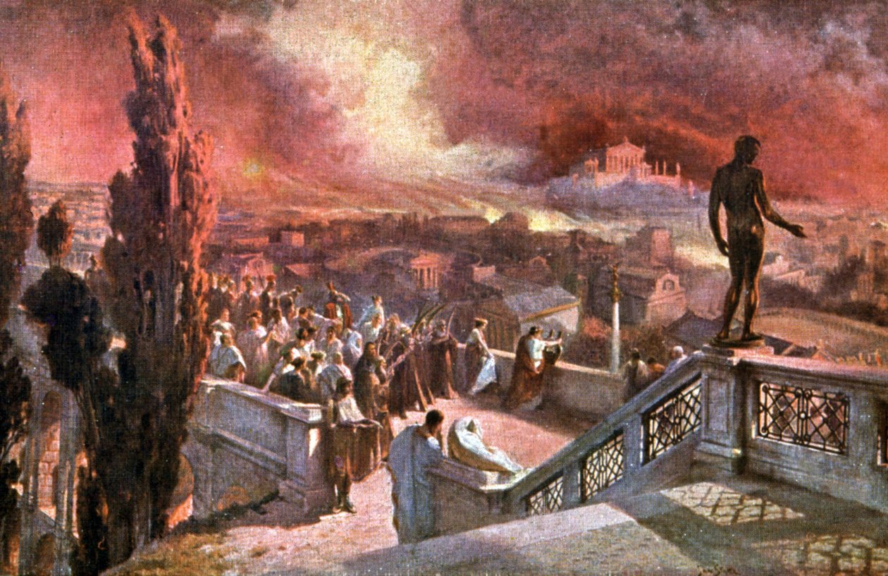Römischer Kaiser Nero spielt Musik und schaut auf das Feuer von Rom von Jan Styka