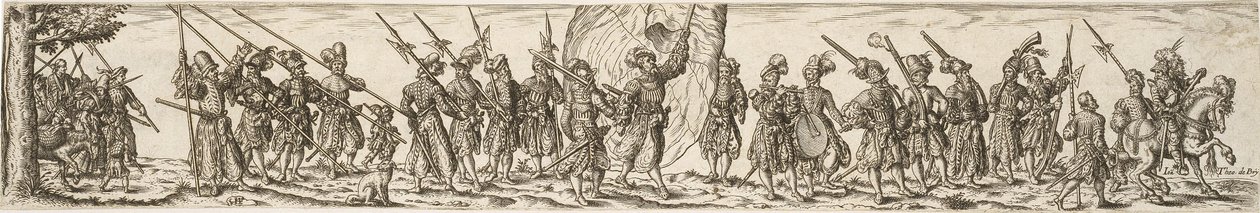 Soldatenzug, in der Mitte ein Fahnenträger von Jan Theodor de Bry