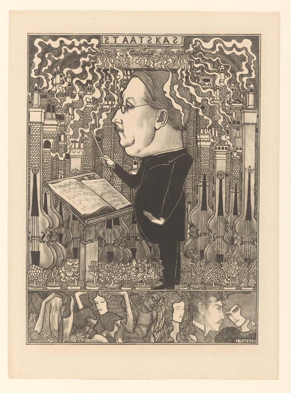 Dirigent mit Geigen und rauchenden Schornsteinen im Hintergrund (De Staatskas / De Haardsteden) von Jan Toorop