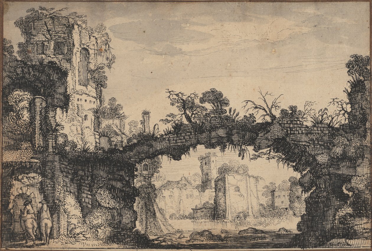Landschaft mit Ruinen (recto); Kopf einer Frau und Tiere (verso) von Jan Van de Velde